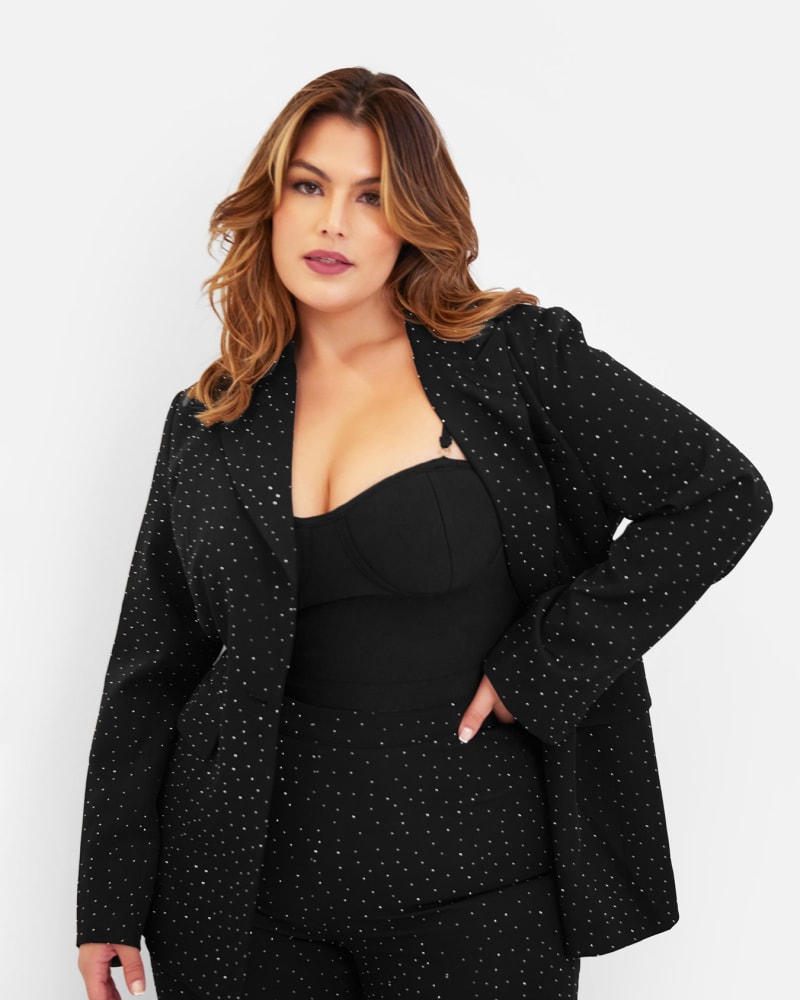 Side of a model wearing a size 5X Sanaa Studded Oversized Blazer in Black by Rebdolls. | dia_product_style_image_id:321127